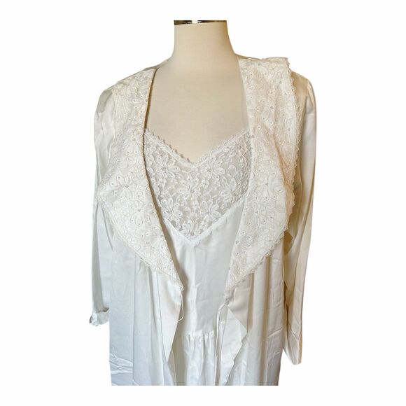 Delicates VTG Peignoir Silky Nightgown & Robe Set Sz L Ivory Lace - Picture 6 of 9